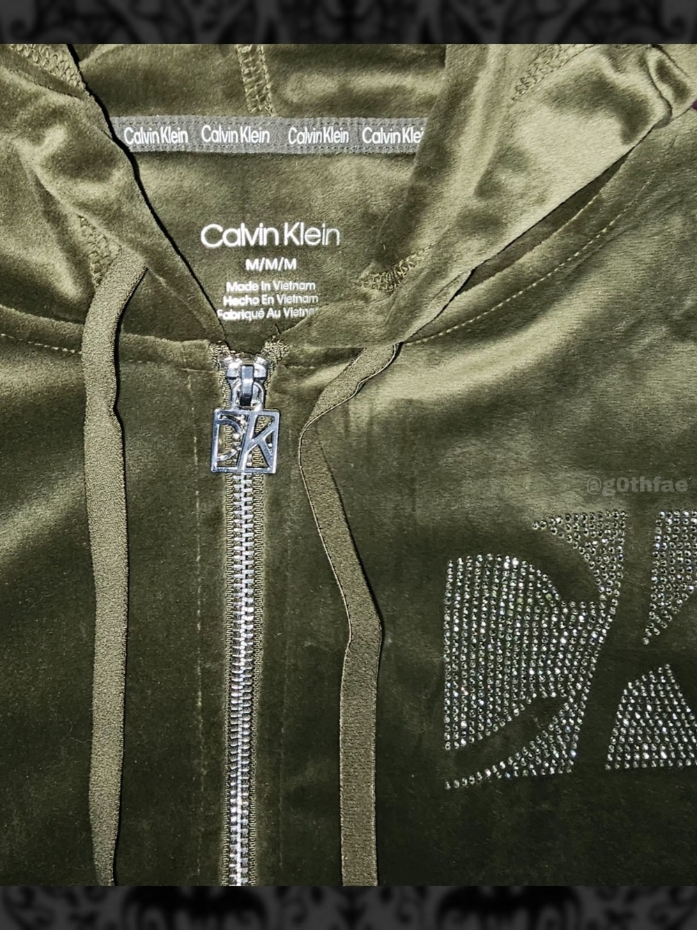 NWOTCalvin Klein Olive Green Velour Zip-Up Hoodie with Pockets & Rhinestone Logo